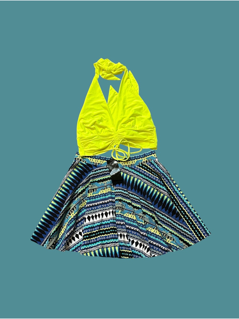 Iris Basic Neon Yellow Halter Top with Blue Patterned Mini Skirt